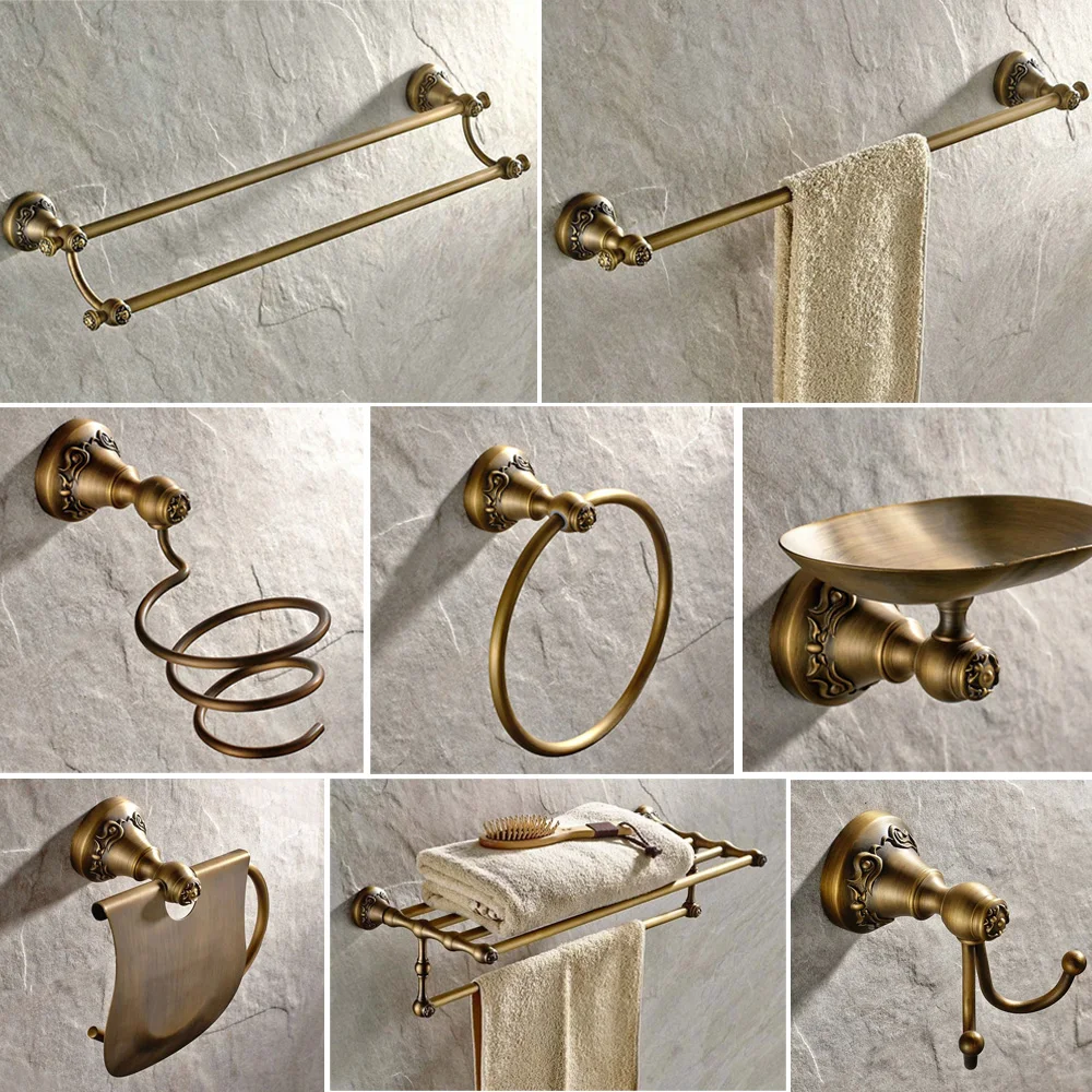 Antique Bronze Carved Bathroom Hardware Sets Wall Mounted Bathroom Products Brass Towel Ring Bathroom Accessories Set Kxz030