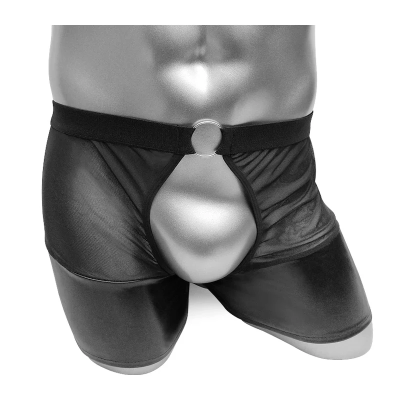 Open Butt Mens Faux Leather Boxers Shorts Underwear Erotic Lingerie Crotchless Sissy Panties Mesh Male Underpants Clubwear