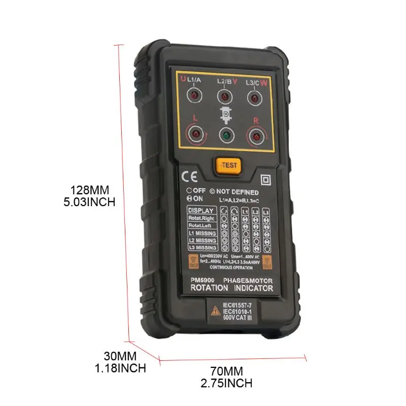 Motor Rotation Tester PM5900 Portable Handheld Three Phase Motor Rotation Indicator Tester Non-contact 3 Phase Rotation