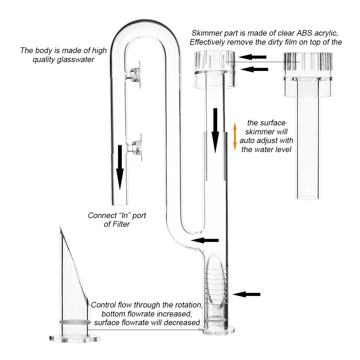 Aquarium Skimmer Glass Lily Pipe Spin Surface Inflow and Outflow 13/17mm Water Plant Tank Filter ADA Quality Fish Tank Filter