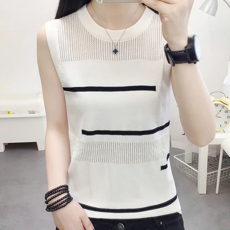 shintimes Hollow Out Womens Tank Tops Summer Loose Thin Knitted Vest Sexy Top Sleeveless Patchwork Casual Pullover Woman Clothes