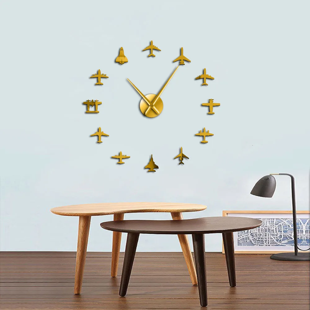 Flying Plane Fighter Jet Large Wall Clock DIY 3D Acrylic Mirror Effect Sticker Airplane Silent Watch Aviator Home Decor view 5