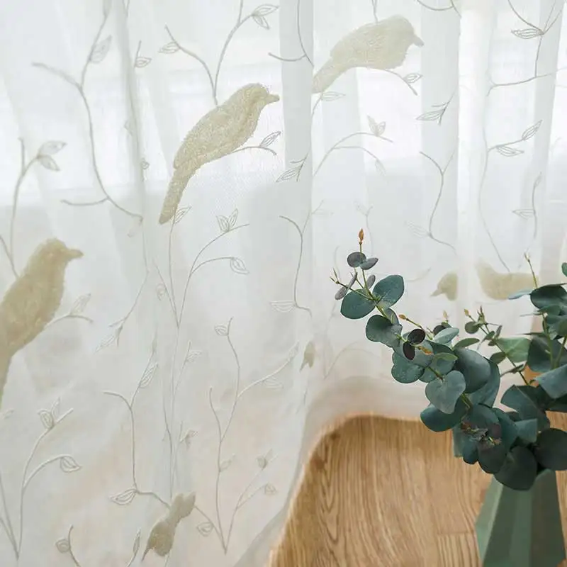 Pastoral White Sheer Voile Curtains For Living room Bird Embroidered Curtains Window For Bedroom Tulle For Kitchen Drapes Blind