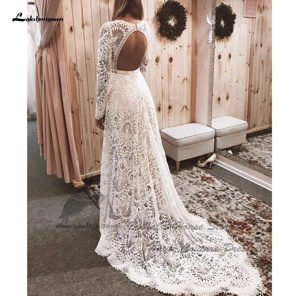 Lakshmigown Luxury Boho Lace Mermaid Wedding Dress Long Sleeve 2022 Sexy Women Bridal Beach Wedding Gowns Backless Robe Mariee