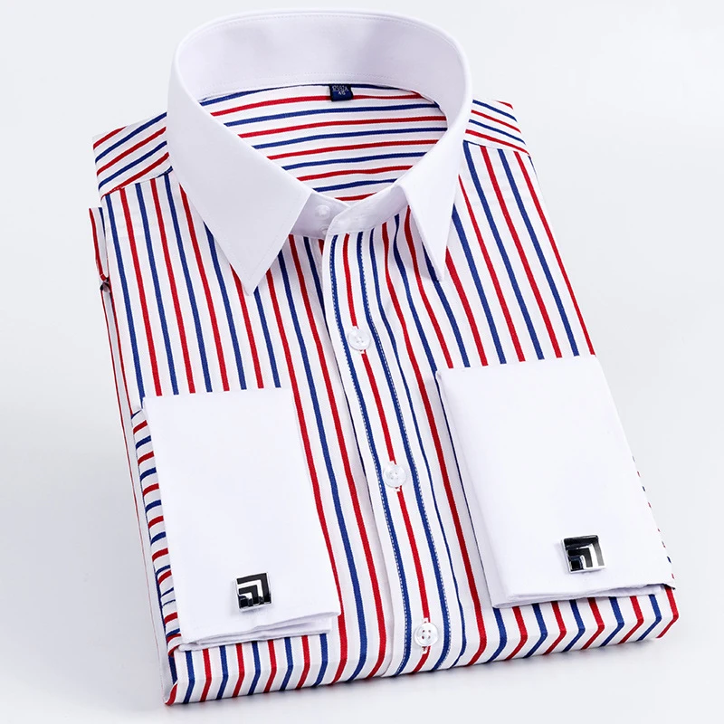 Chemise habillée à manches longues coupe couvertes pour hommes avec boutons de manchette, chemises de smoking françaises, col à double bouton, XR, coton