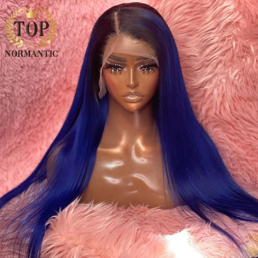 Topnormantic Ombre Blue Color Brazilian Remy Human Hair Wigs with Baby Hair 13x6 Lace Front Straight Wig For Women