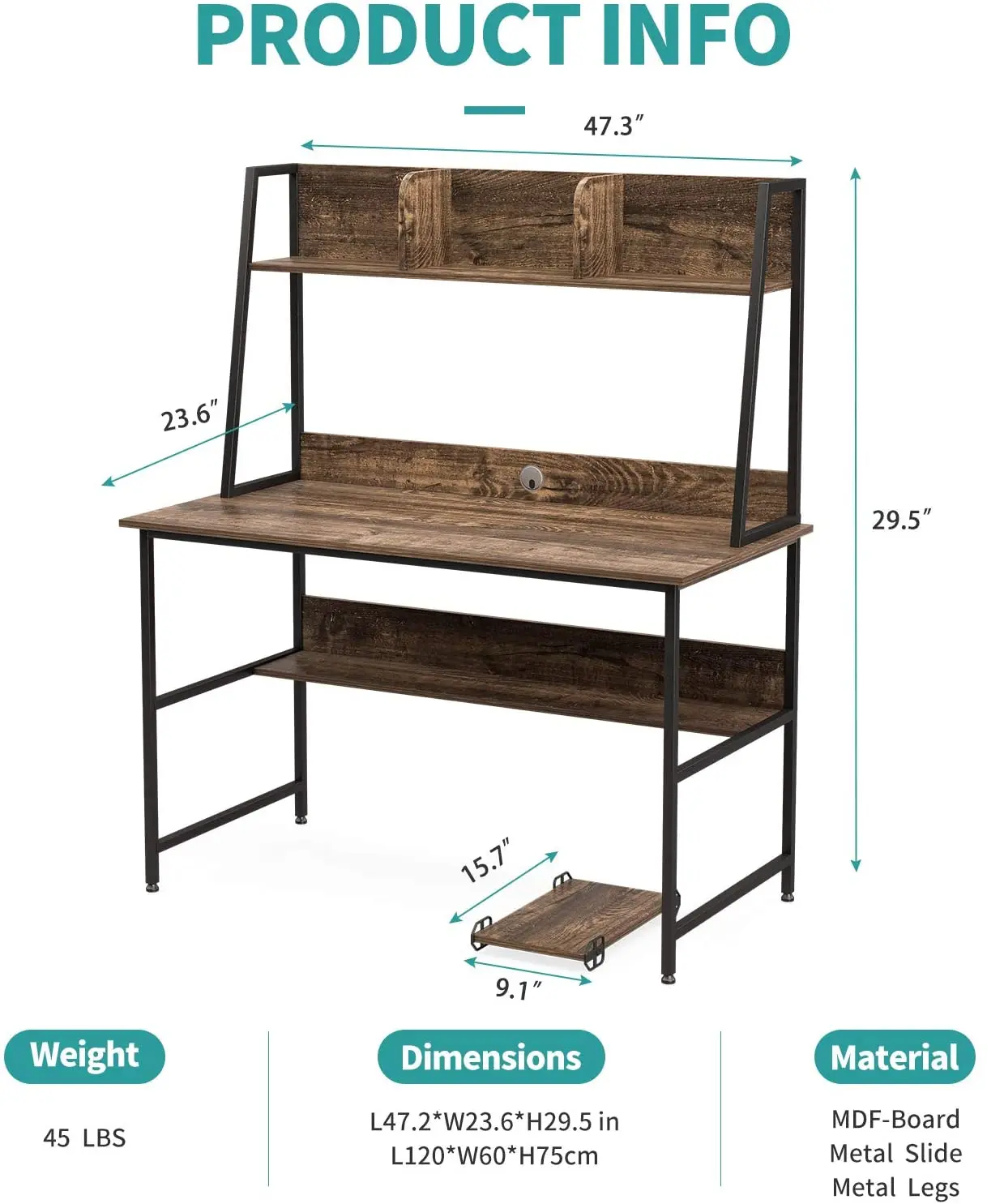 Computer Office Desk W/Shelves 47 Inch Sturdy Writing Desk for Home Office W/Hutch&Bookshelf PC Laptop Table Workstation Brown