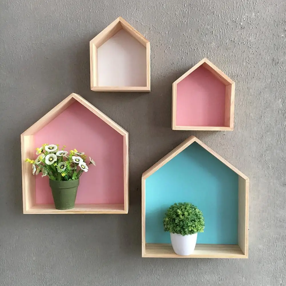 Wall Shelf Display Hanging Shelving Children's Room House Shape Shelf Wooden Shadow Cubby Box Storage Natural Nordic Shelves