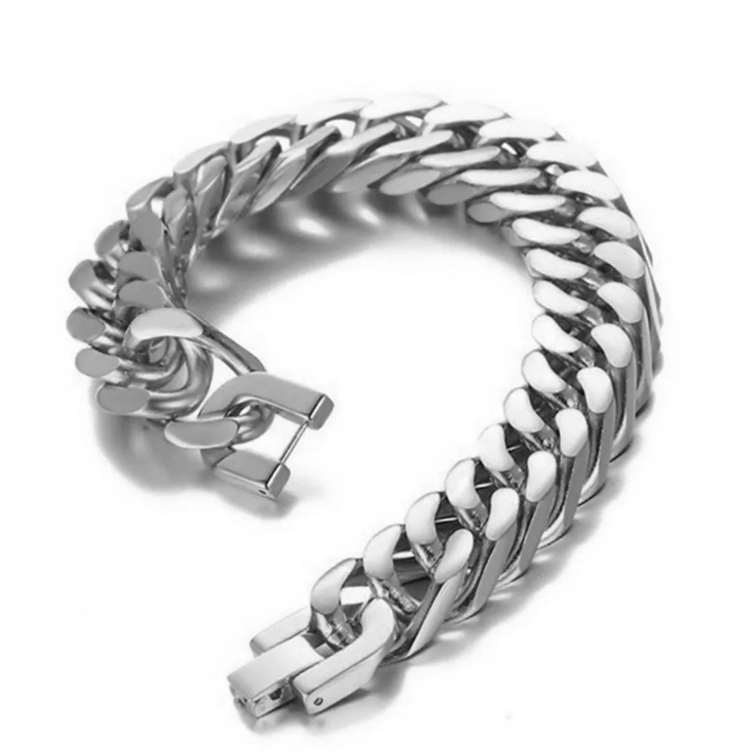 Fashion 15mm Metal Stainless Steel Silver Color Double Cuban Curb Chain Jewelry Mens Womens Bracelet Bangle 7-11inch