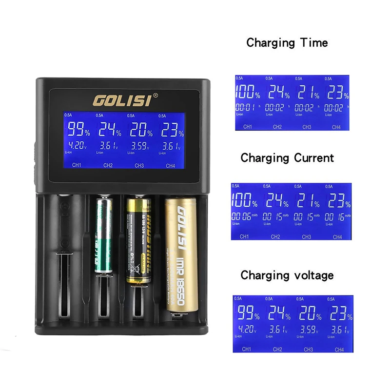 Golisi S4 2.0A Intelligent LCD Battery Charger for Li-ion Ni-MH Ni-Cd Ni-md 26650 18650 20700 21700 AA AAA Rechargeable Batterie