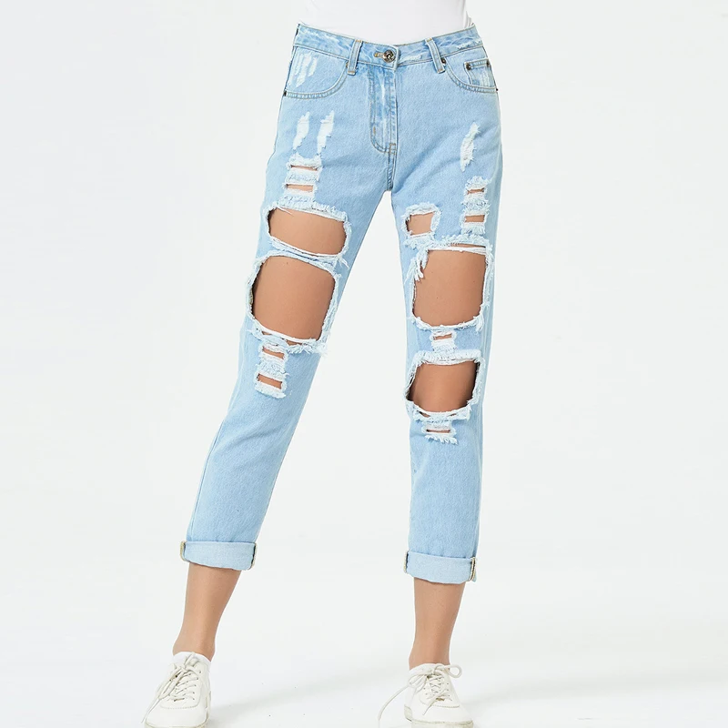 Women Ripped Jeans Big Hole Straight Pants Trendy Clothes Wholesale Slouchy Denim Trousers Female Boyfriend Street Personality