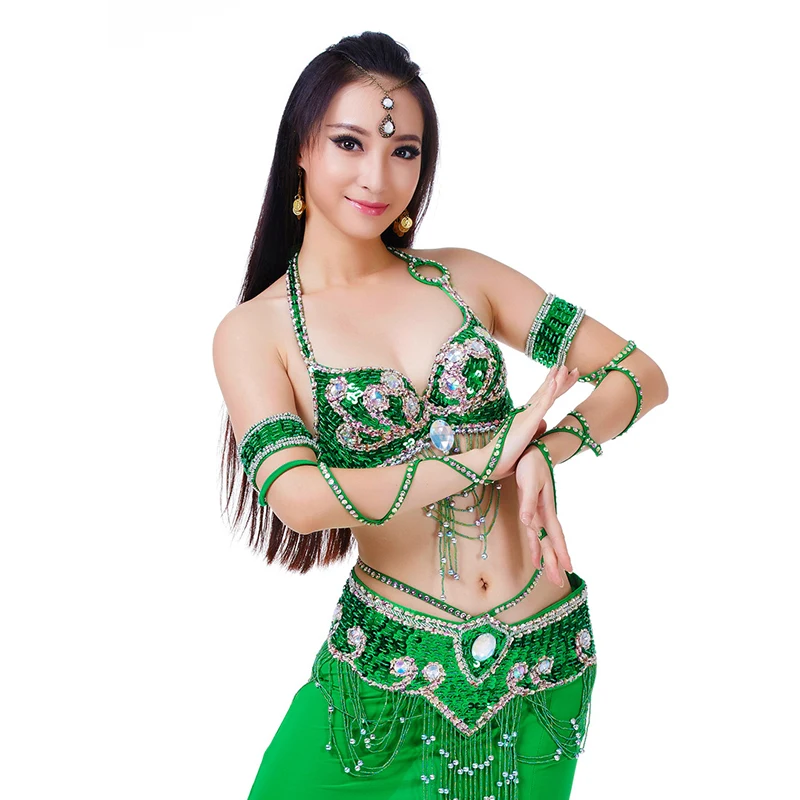 Women Sexy Belly Dance Beaded Top Bra & Belt 2pieces Belly Dance Costume Outfit Set Female Bollytwood Dance Costume 11 Colors