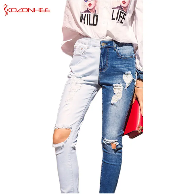 Double color Bule Stretch Jeans Women Hole Ripped High Wais jeans Elasticity Skinny pencil Women Jeans #12