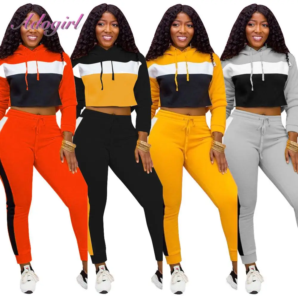 Women'S Set Autumn Tracksuit Patchwork Full Sleeve Hoodies Crop Sweatshirt Joggers Pants Suit Sport Active Two Piece Set Fitness