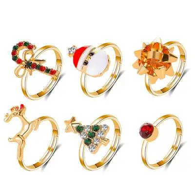 WANZHI New Christmas Elk Santa Ring For Women Fashion Cute Gold Color Drip Glaze Adjustable Finger  Holiday Party Jewelry