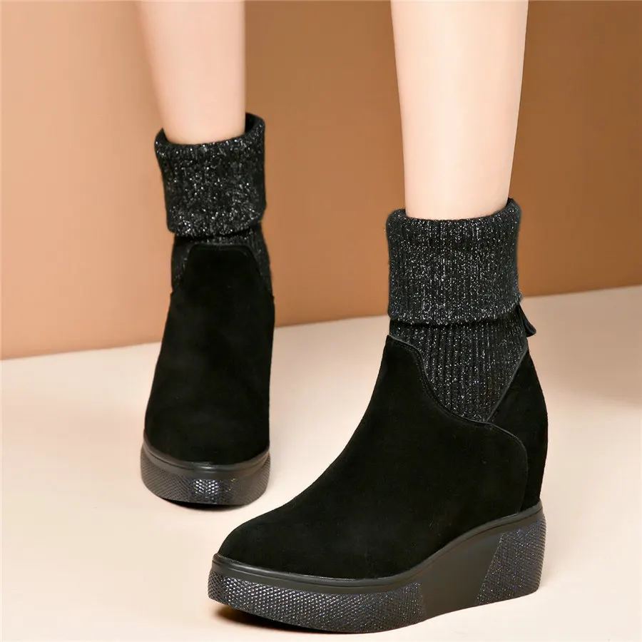 

Fashion Sneakers Women Genuine Leather Wedges High Heel Ankle Boots Female High Top Knitting Stockings Pointed Toe Pumps Shoes