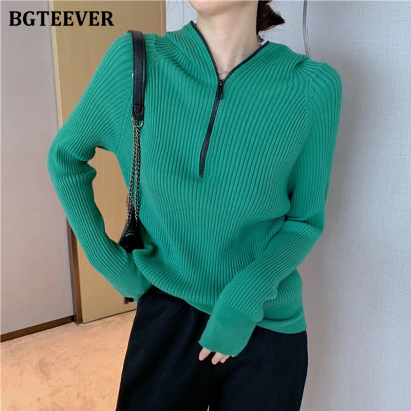 BGTEEVER Chic Hooded Zippers Ladies Knitted Sweaters Full Sleeve Loose Solid Female Pullovers Jumpers 2021 Autumn Winter