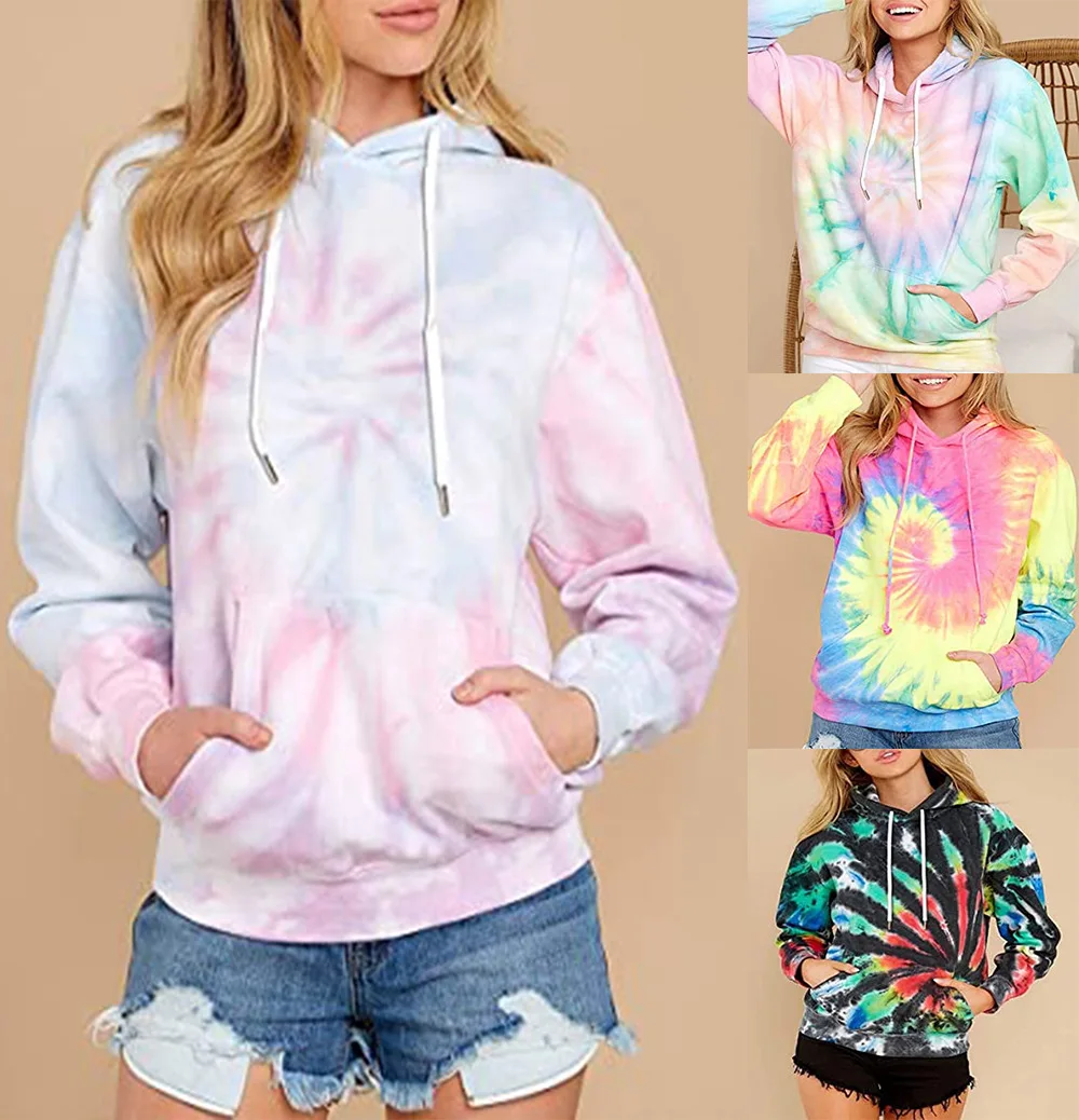 

Spring, Autumn and Winter New Women's Top Tie-Dye Hooded Long Sleeve Pocket Sweatshirt