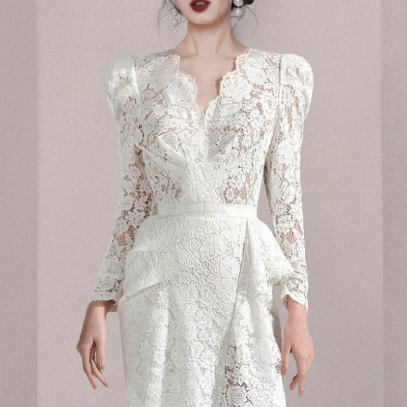 JSXDHK High Quality Fashion Autumn Women Lace Dress Runway Sexy V Neck Puff Sleeve Ruffles Bodycon Split White Party Midi Dress