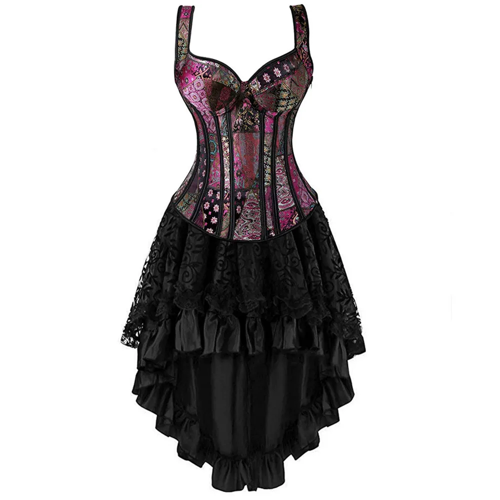 セクシーなストラップコルセットドレスゴシックヴィンテージプラスサイズコルセットビスチェランジェリージッパーサイドカップオーバーバストコルセットとスカートセット