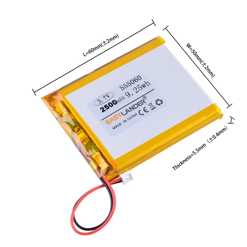 Złącze 2-pinowe 1,5 mm 555060   2500mah 3.7V e-book GPS PDA Rejestrator samochodowy Bateria litowo-polimerowa Bateria LiPo