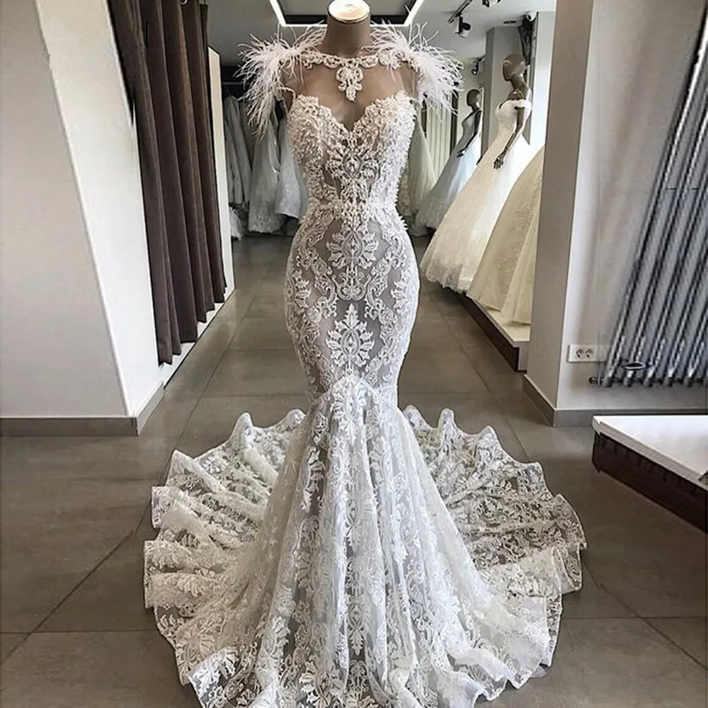 Abito da sposa a sirena in pizzo squisito 2024 perle di lusso collo trasparente maniche a berretto senza schienale abiti da sposa vestido de noiva