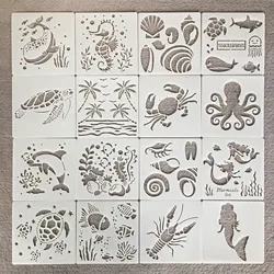 Plantillas de capas DIY de animales marinos del océano, pintura de pared, álbum de recortes para colorear, álbum de relieve, plantilla decorativa, 15cm, 16 piezas