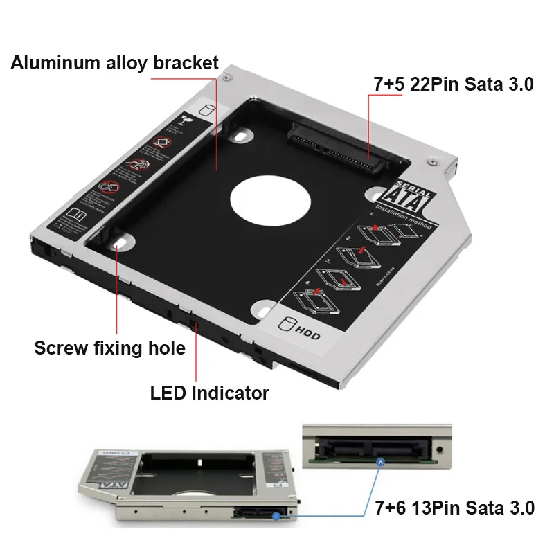 OULX 광학 베이 HDD 캐디, 노트북 CD-ROM DVD-ROM SSD 케이스 박스, SATA 3.0, 2.5 인치 HD 하드 디스크 드라이브 인클로저, 12.7mm, 9.5mm, 9mm