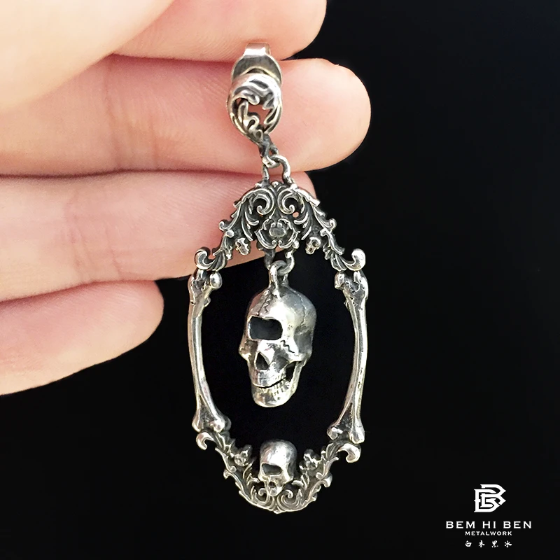 BEM HI BEN Men's Women's DIY classic wreath skull Earrings  925 sterling silver simple Original Hand made darkness customized