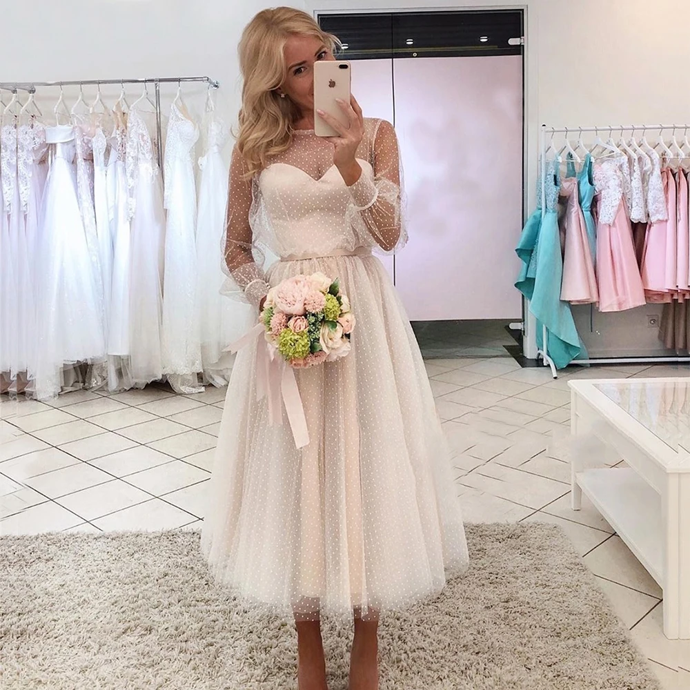 

Long Sleeves Short Gown Sweetheart Bead Belt Evening Dress Plus Size Ivory Prom Dresses New Dot Tulle A Line Elegant Party Dress