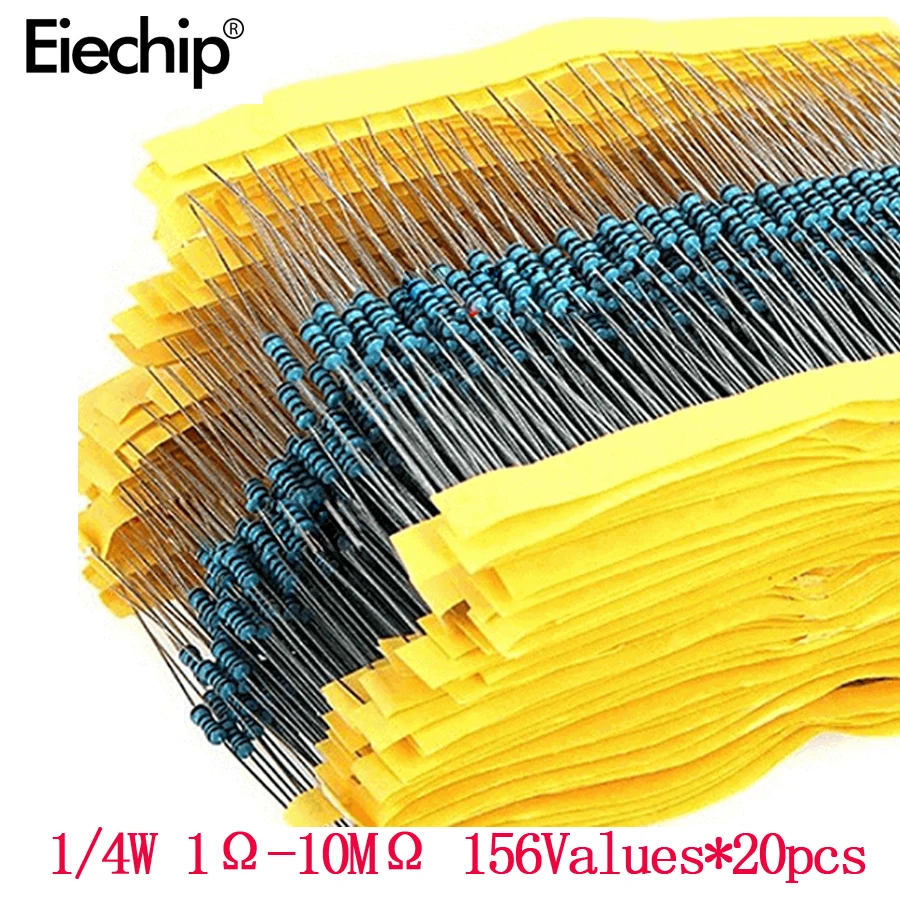 3120pcs 156 Value 1/4 watt Metal Film Resistor Assorted Kit,1% resistor samples pack 1 ohm-10M ohm DIY Electronic components set