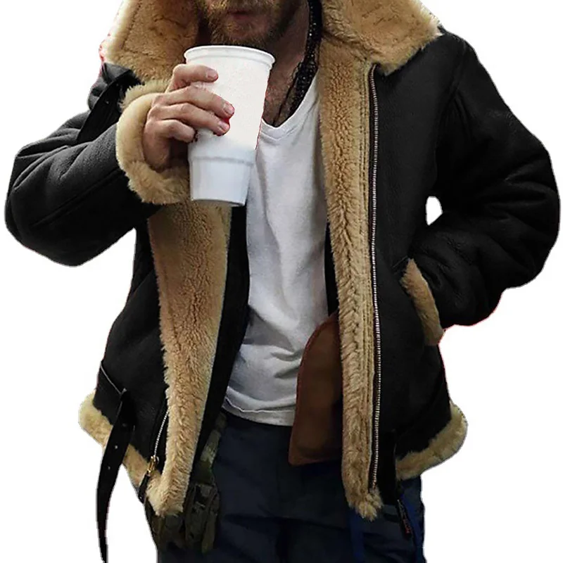 Men\'s Winter Thicken Lamb Wool Jacket Fashion Charming Lapel Windproof Motorcycle Leather Jacket Casual High Quality Warm Coat