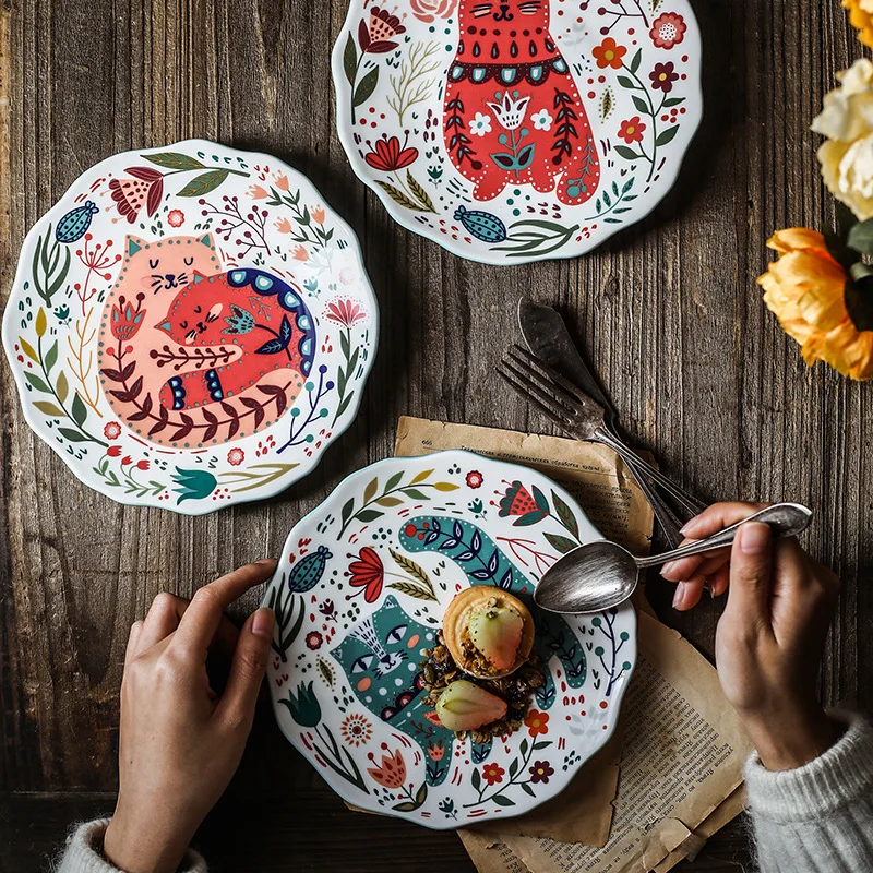 

Ceramic Plate 8 Inch Round Dishes Creative Carton Cat Kitchen Household Tableware Dinner Bread Fruit Dessert Tray Flower