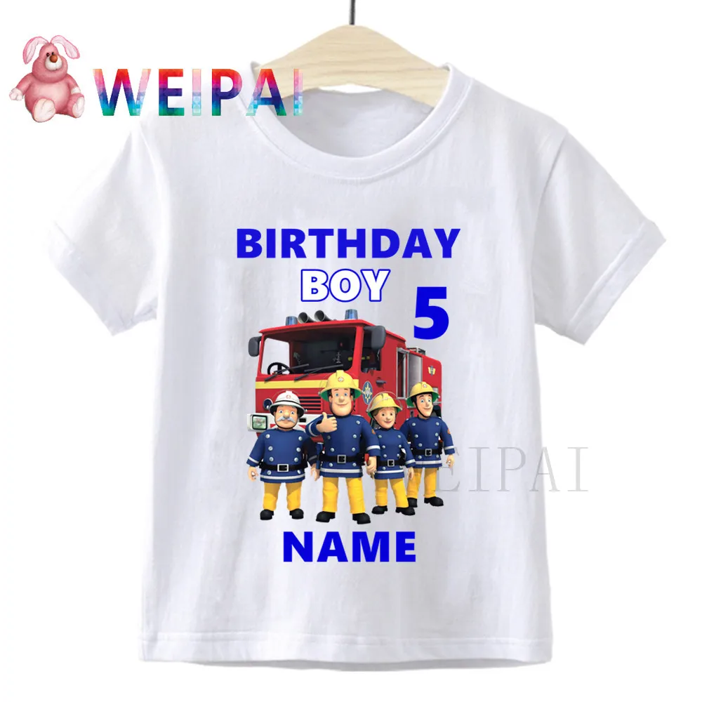 Kids Fireman Sam Birthday Number 1~9 Cartoon Print Children Clothes T-shirts Boy&Girl Write Name Funny Gift Tshirt Baby 24M-8T