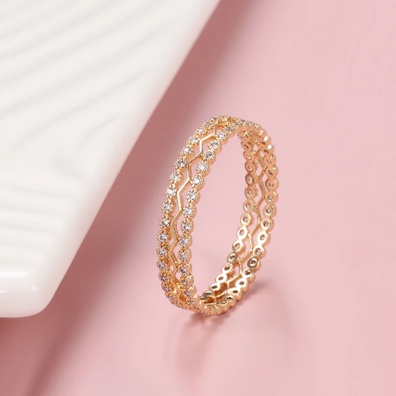 Kinel New Arrivals 585 Rose Gold Ring Double Row Micro-wax Inlay Natural Zircon Hollow Rings Women Wedding Party Fine Jewelry
