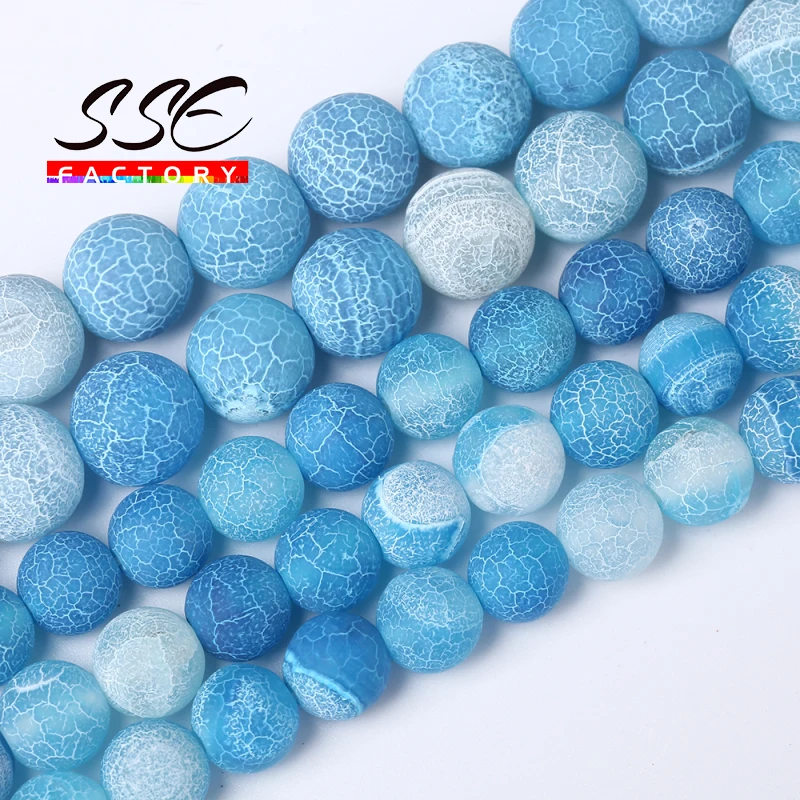 Natural Stone Beads Frost Light Blue Cracked Dream Fire Dragon Veins Agates Beads For Jewelry Making DIY Bracelet 15