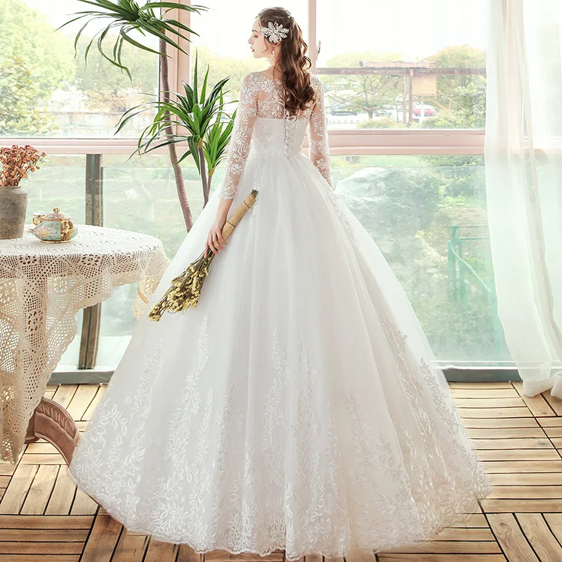 Vestido De Noiva 2022 New Elegant O-neck Wedding Dress Lace Embroidery Long Sleeve Wedding Gowns Floor-length Bridal Dress