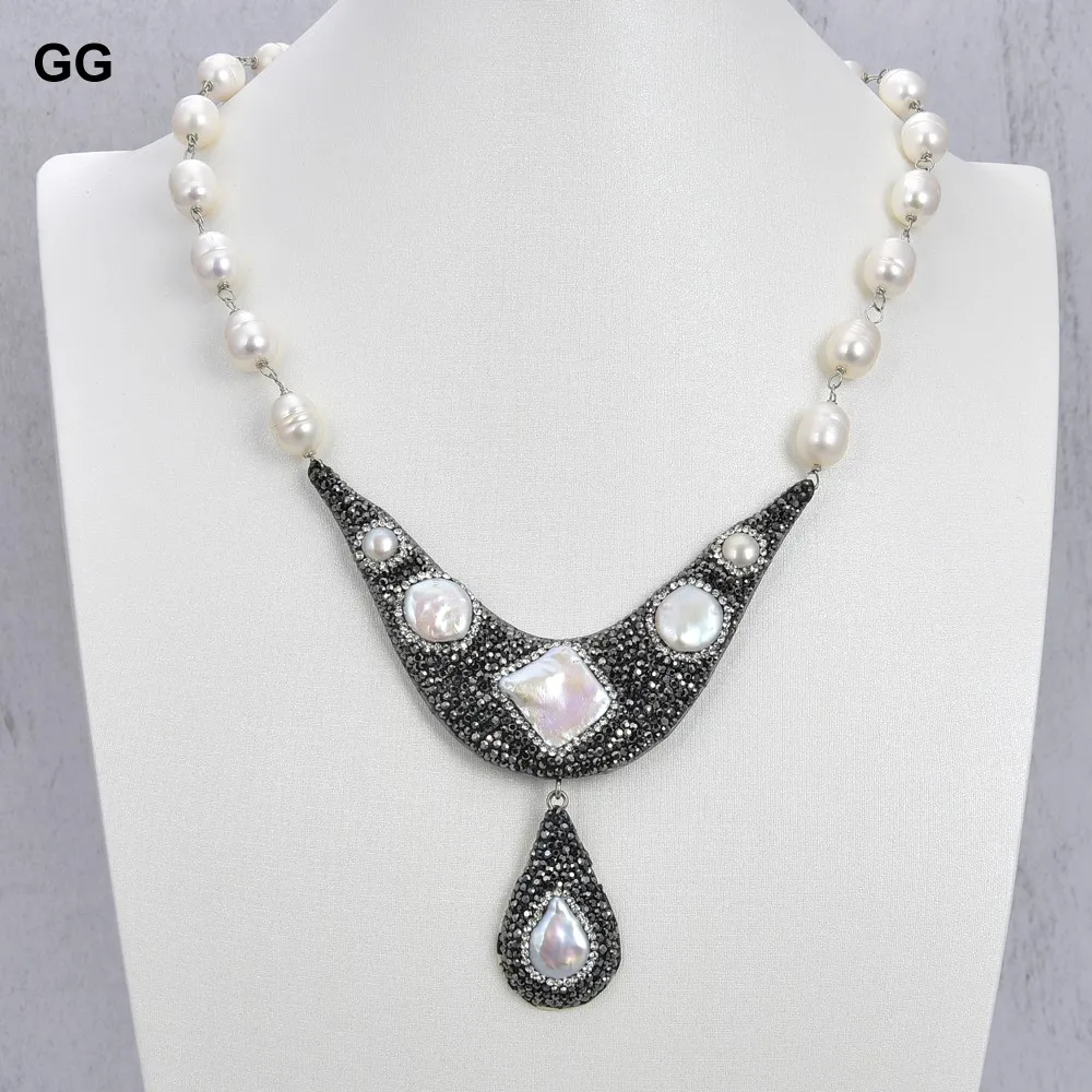 

GuaiGuai Jewelry 18'' White Rice Pearl White Keshi Pearl Necklace Biwa Pearl CZ Paved Keshi Pearl Pendant