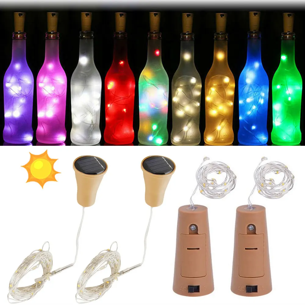 2M Solar Bottle Lights Battery-Operated Garlands Fairy Festoon LED Light Cork Shaped for Christmas Home Wedding Party Decoration