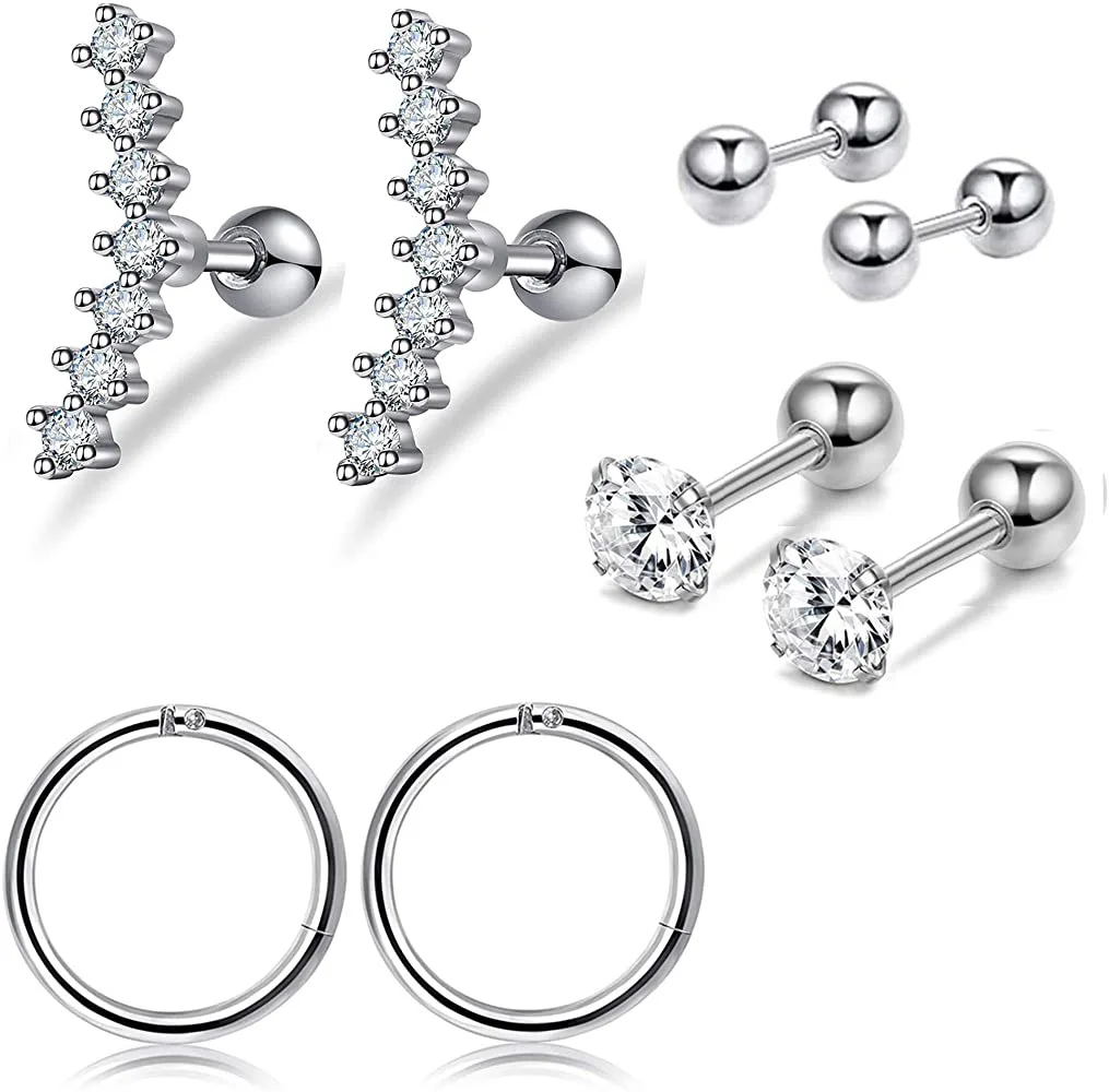 Stainless Steel Crystal Cartilage Earring Set 16G Heart Ear Tragus Piercing Helix Earrings Hoop Bulk Stud Ear Rings Pircing Lot