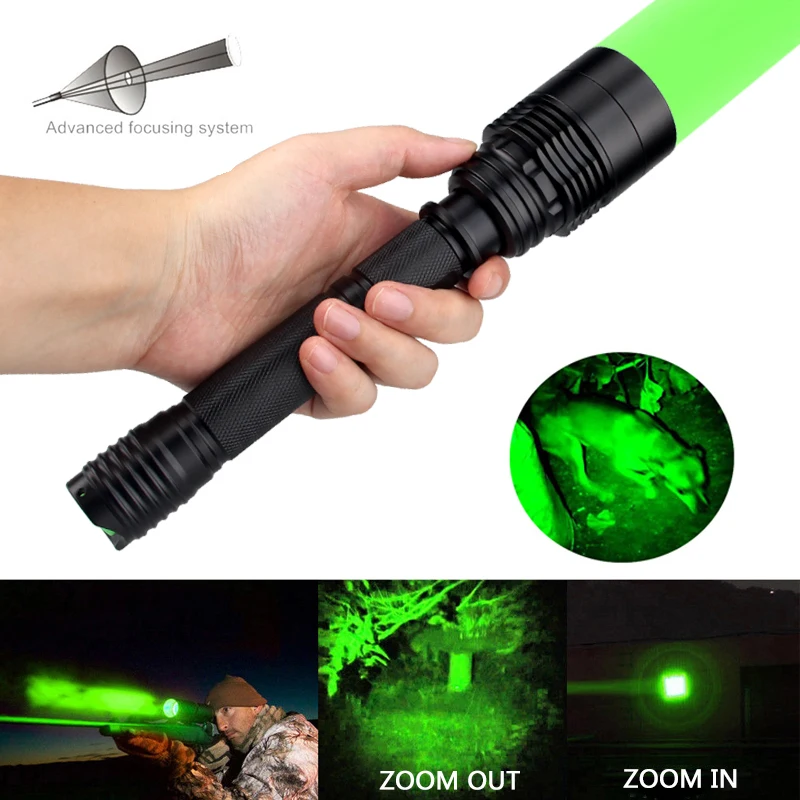 Tatical Green Light Hunting Torch Zoomable Adjustable Focus Flashlight+Remote Pressure Switch+ Scope Mount+18650 Battery+Charger