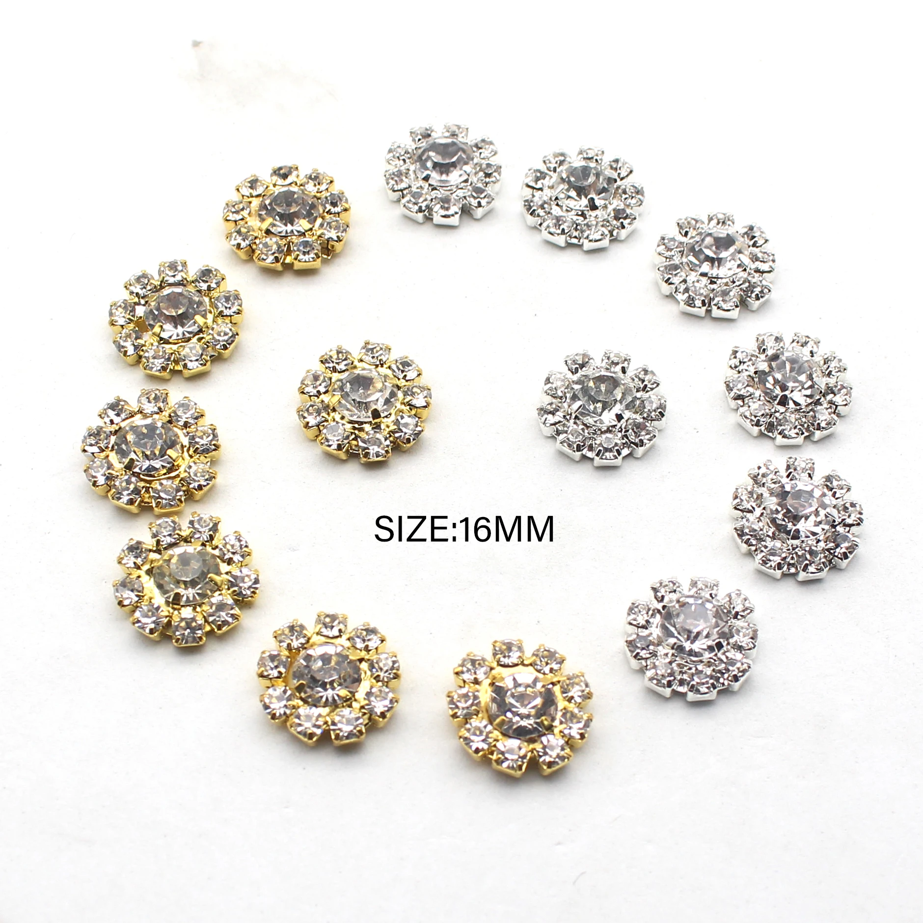 10Pcs/Lot 16mm Flat Alloy Bottom Rhinestone Buttons Jewelry Accessories DIY Craft Decoration Button Wedding Celebration