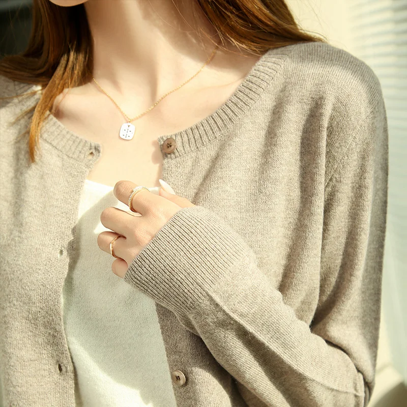 High-End 100% Pure Wool And Wool Women O-Neck Cardigan Sweater 2021 Spring Autumn Warm Girl Clothes Large Size Soft Knitte