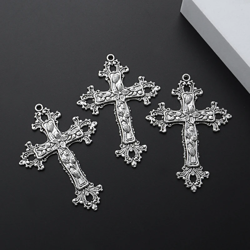 5pcs Silver Color 74x53mm Large Cross With Flower Charms Religion Faith Pendant Fit DIY Handmade Jewelry Making Finding Supplies