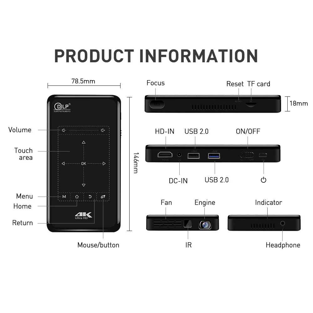 Projetor Portátil de Bolso DLP Mini, P09-II, Android 9.0, 2GB de RAM, 32GB, WIFI 5, BT4.2, 4K HD Beamer, Cinema em Casa, Vídeo LED, Novo