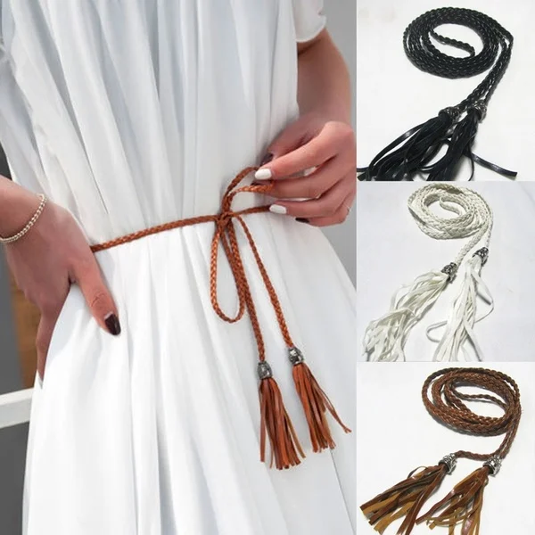 Women Simple PU Leather Belt Boho Tassel Braided Self-Tie Belt Thin Waist Rope Belt
