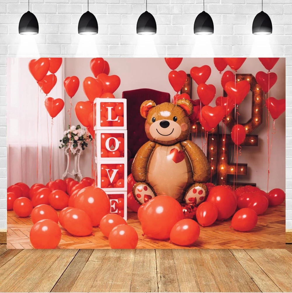 

Yeele Valentine's Day Background Couples Photography Bear Red Balloon Wooden Floor Backdrop Photocall Photo Studio Photophone