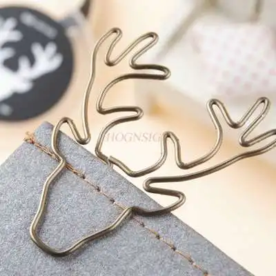 8pcs Cute Retro Deer Head Paper Clip Bookmark Pin Stationery Golden Office Supplies