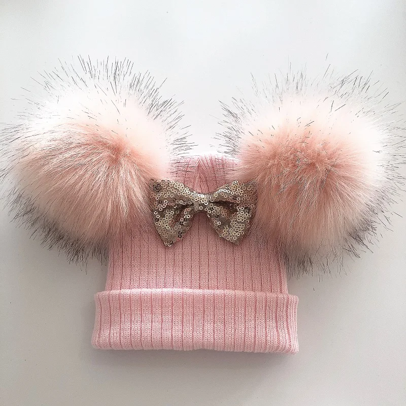 Chapeau à paillettes avec nœud et Double pompon pour bébé fille, Bonnet d\'hiver, écharpe, accessoires pour enfants, Bonnet