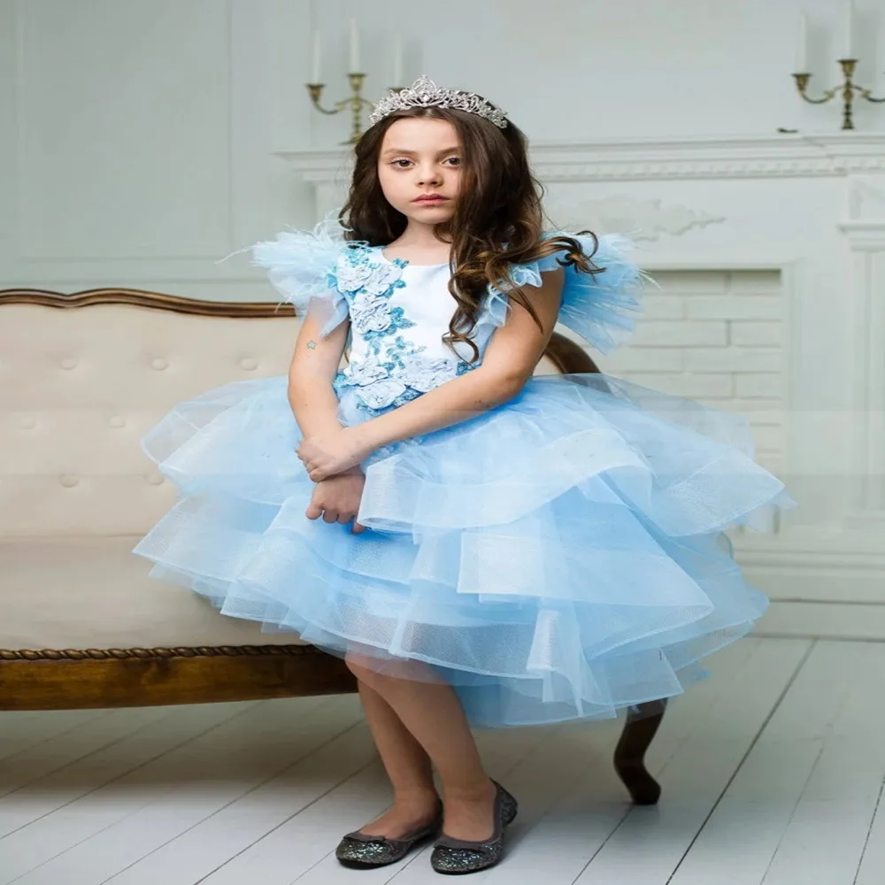 Céu azul inchado meninas vestidos organza em camadas crianças roupas o pescoço nova alta baixa flor menina vestido de aniversário vestido